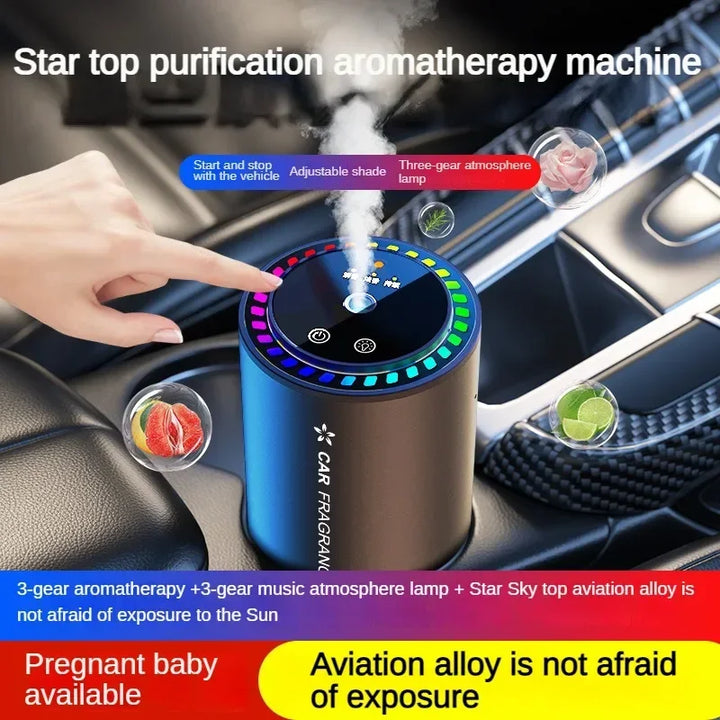 Premium 3-in-1 Car Air Freshener – Aromatherapy Essential Oil Diffuser with Adjustable Starry Sky Light, Music Rhythm Display